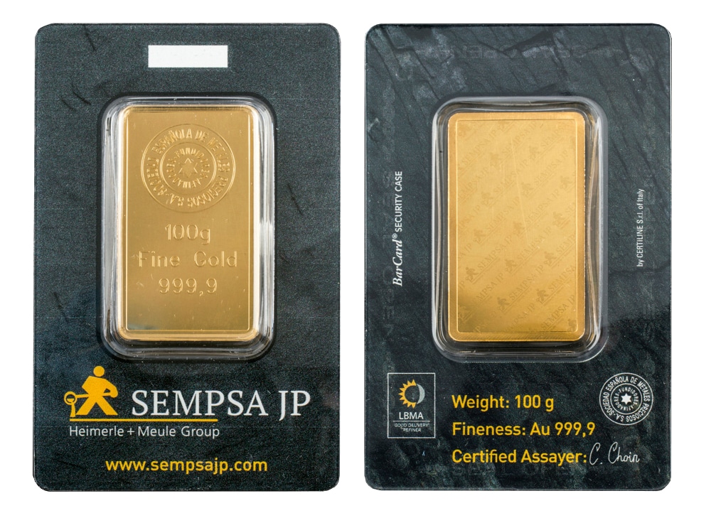 Blister lingote oro 100gr SEMPSA JP - Sello Good Delivery LBMA