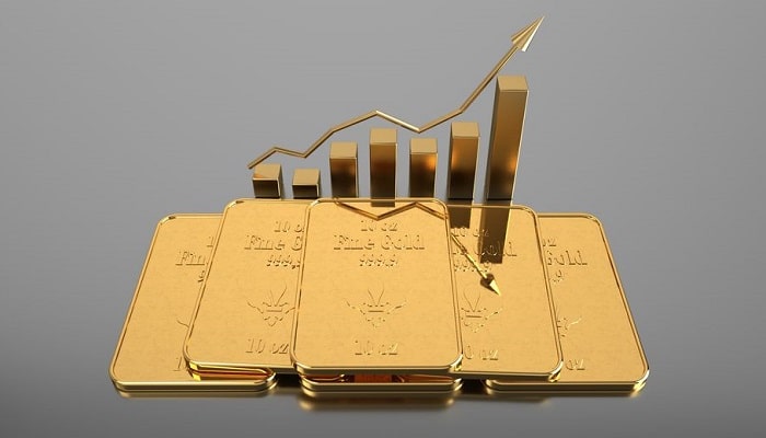 Aumento record del precio del oro en la bolsa. Ilustración 3D.